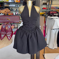 European and american cross-border women's fashion:  summer new arrival - elegant v-neck halter neck bowknot backless high-waisted mini dress