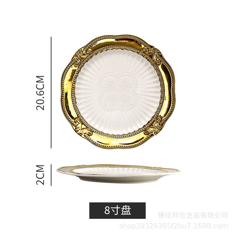 Accessible luxury pastry plate ceramic gold rim western food plate special ceramic steak plate commercial tableware casual model room decoration