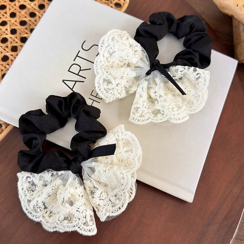 Sweet bowknot hair tie - lace double layer, gentle korean style, fashionable embroidered retro hair rope, elegant