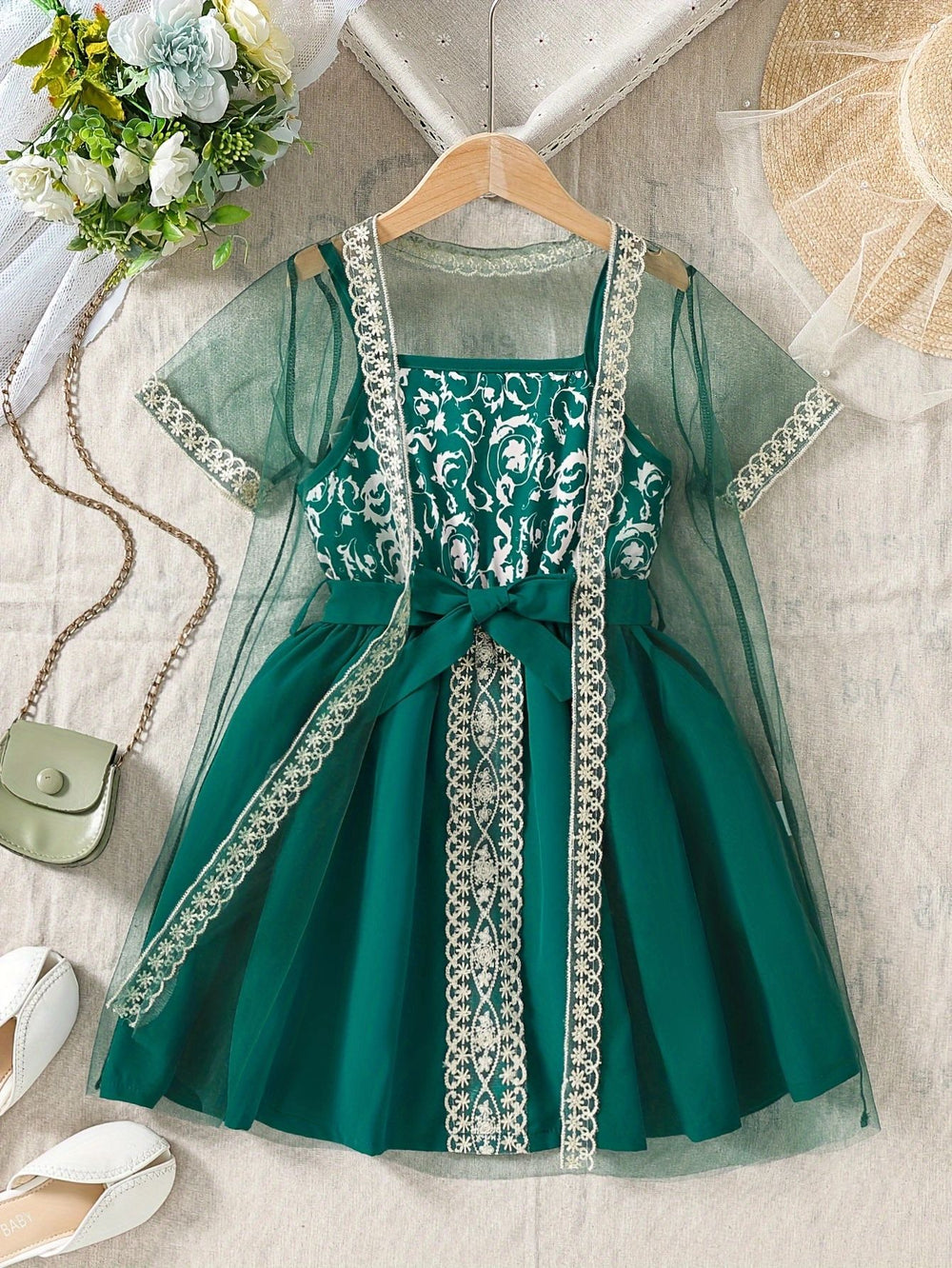 european and american spring/summer ins-style girls' mesh cardigan + camisole dress set - cross-border exclusive