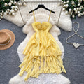 French yellow camisole dress - sweet & sultry style - women's summer irregular tiered cake dress with ruffle hem - vacation dress with a touch of luxury