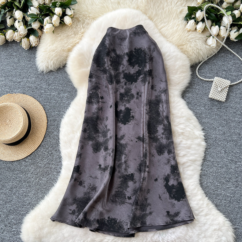 French chic satin midi skirt -  summer collection: luxe, vintage-inspired ink wash print, high-waisted, slimming mermaid skirt