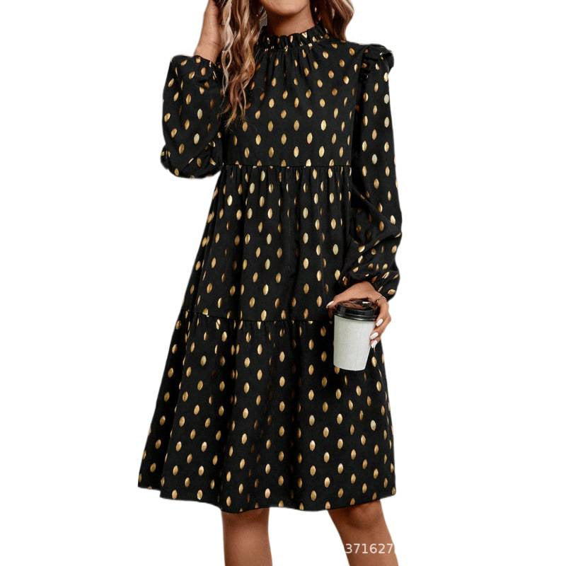 Women's  autumn new arrival v-neck long sleeve printed dot chiffon dress