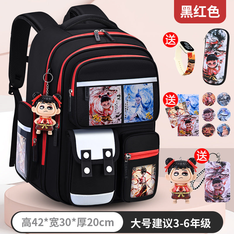 New nezha backpack for boys and girls, grades 1-6: spine protection, lightweight design, and extra-large capacity
