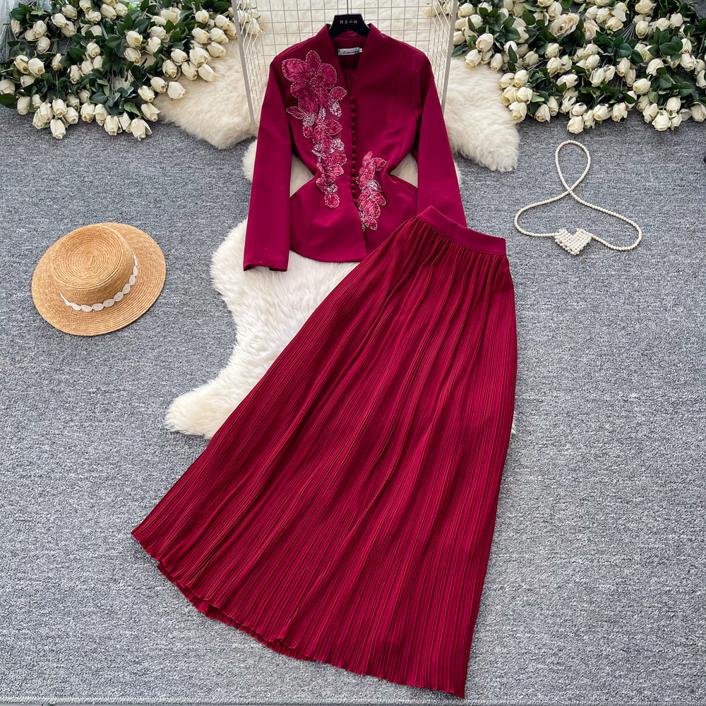 French chic v-neck embroidered jacket & high-waisted pleated skirt set - slimming, elegant, and stylish two-piece outfit for spring and autumn