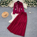 French chic v-neck embroidered jacket & high-waisted pleated skirt set - slimming, elegant, and stylish two-piece outfit for spring and autumn