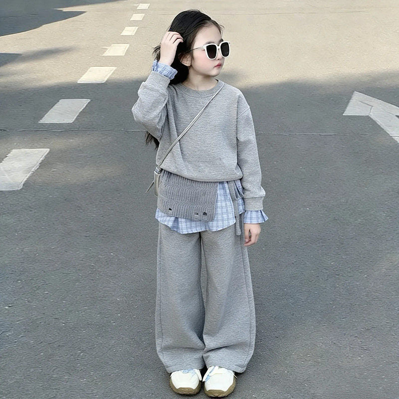 Girls' spring outfit : stylish kids' gray spring/autumn sweatshirt three-piece set, versatile sweatshirt outfit, korean style