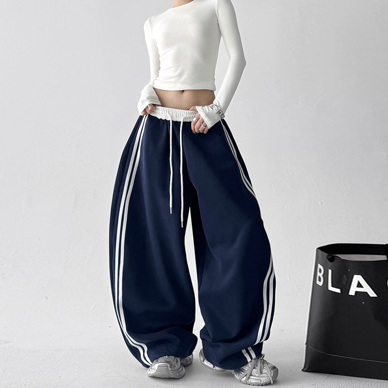 High-waisted, slimming, striped, color-block wide-leg pants, new for autumn . women's loose-fitting, straight-leg, floor-length trousers, korean and japanese casual style