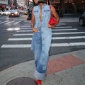 European and american style women's rolled hem wide leg jeans - high waist, drapey, vintage washed denim pants