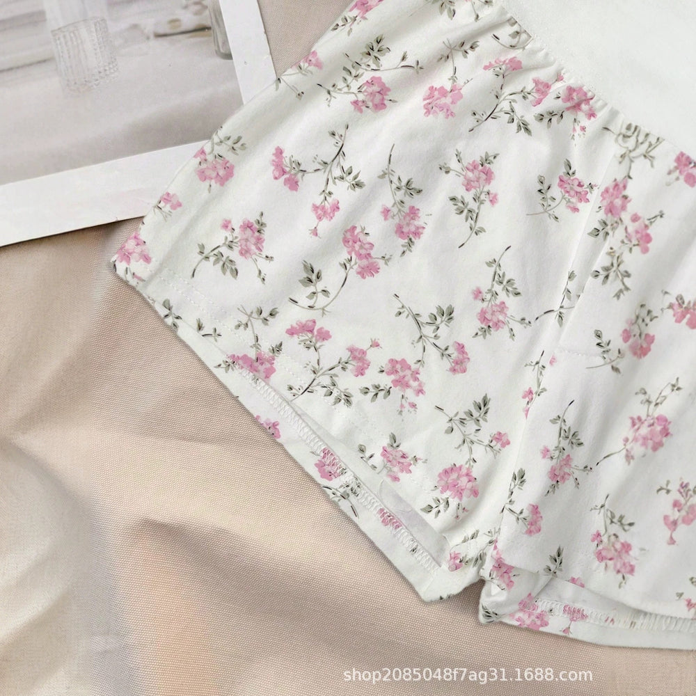 Gentle floral print cami shorts set - sweet bowknot girl's casual two-piece outfit
