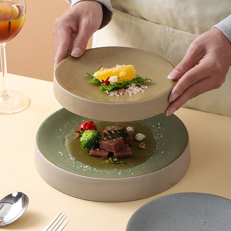 Stylish high-looking clay western food snack round plate restaurant hotel for home pastry dessert plate classy plate