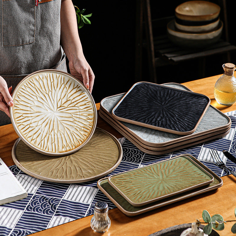 Vintage rustic ceramic steak plate - unique square plate with rim for home, restaurant, hotel, and dessert presentation