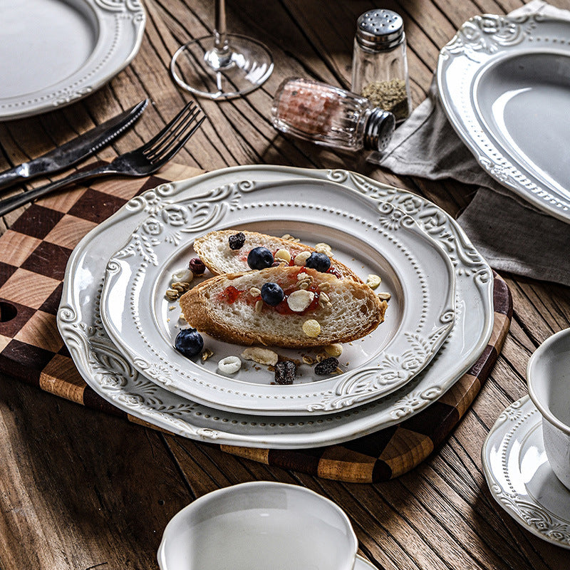 Ins embossed ceramic dinnerware set - vintage style dinner plates, western dinner plates, vegetable plates, royal style french cuisine dessert plates