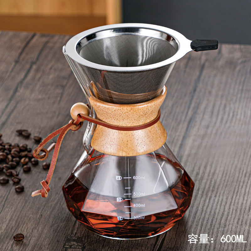pour-over coffee maker set, diamond-shaped chemex sharing carafe, heat-resistant glassware for home use, with logo imprinting available