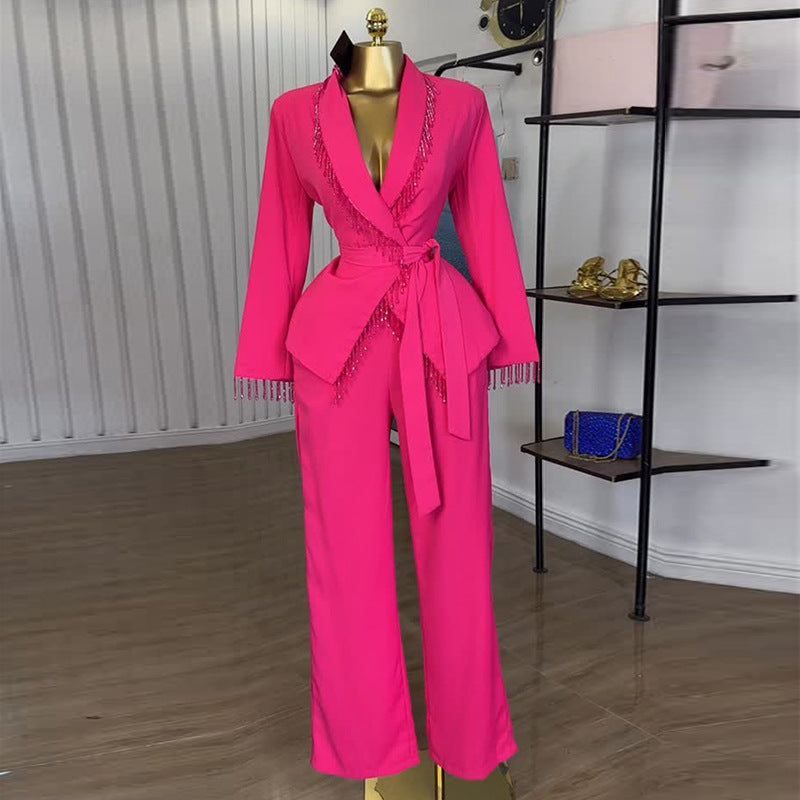 European and american cross-border women's fashion:  autumn/winter new collection - statement blazer with heavy-duty tie detail and wide-leg trousers set
