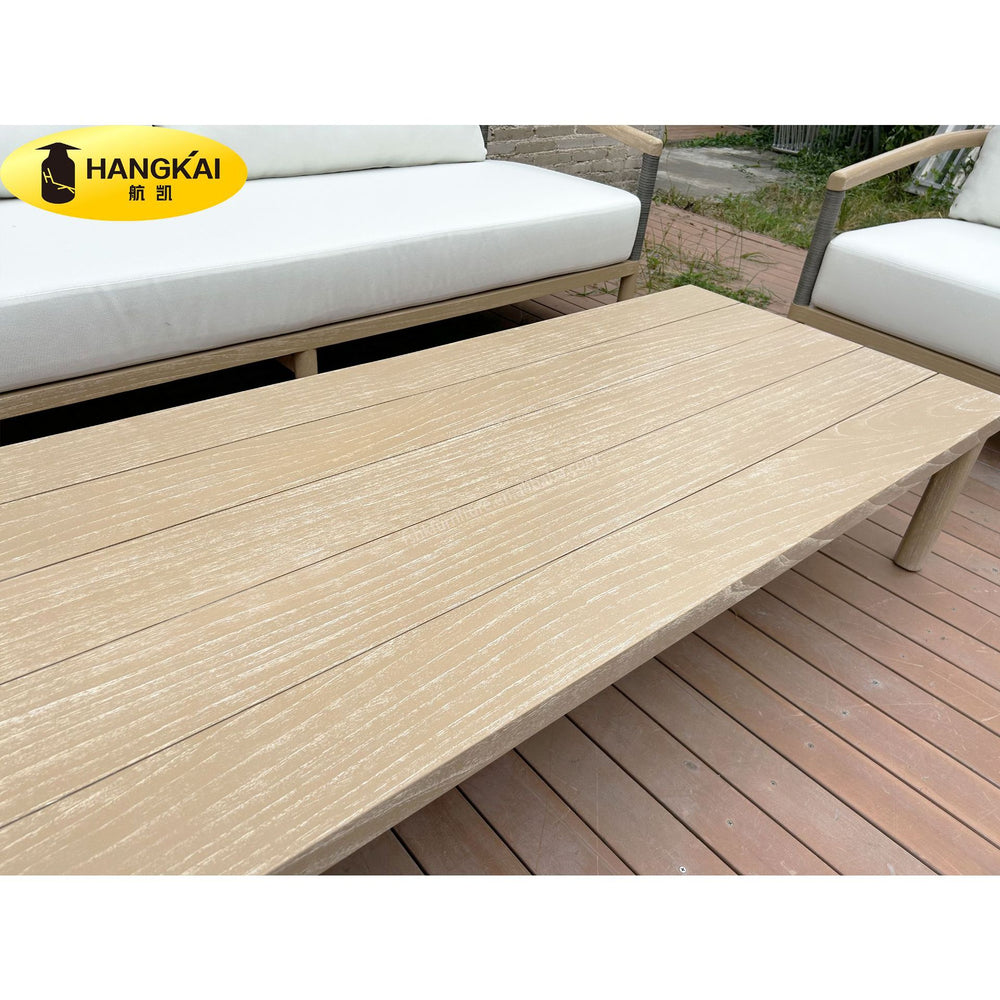 Complete custom nordic casual outdoor rattan woven teak sofa set for villa courtyard, outdoor rattan woven table and chair set with solid wood frame