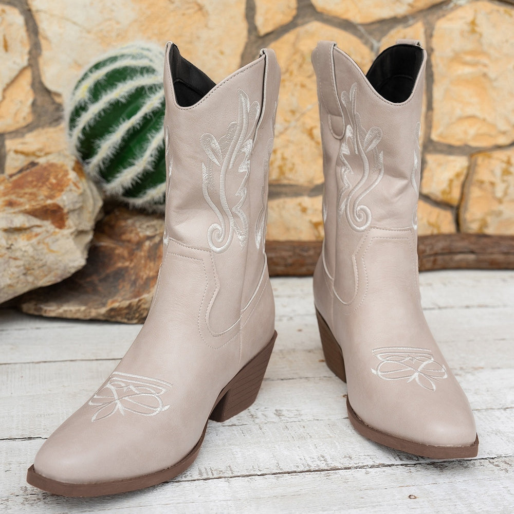 autumembroider british style mid-heeled knight boots women's foreign trade thick heel v-mouth retro large size mid-calf boots