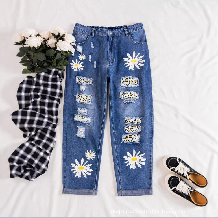 new arrivals: plus-size women's daisy patchwork denim jeans with frayed hem and distressed details - perfect for , , and european & american markets