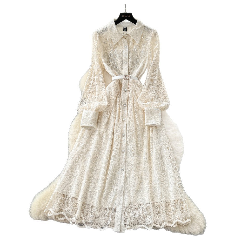 Frenchretro heavy industry embroider sequin mesh embroider strap waist single breasted dress women's elegance long skirt