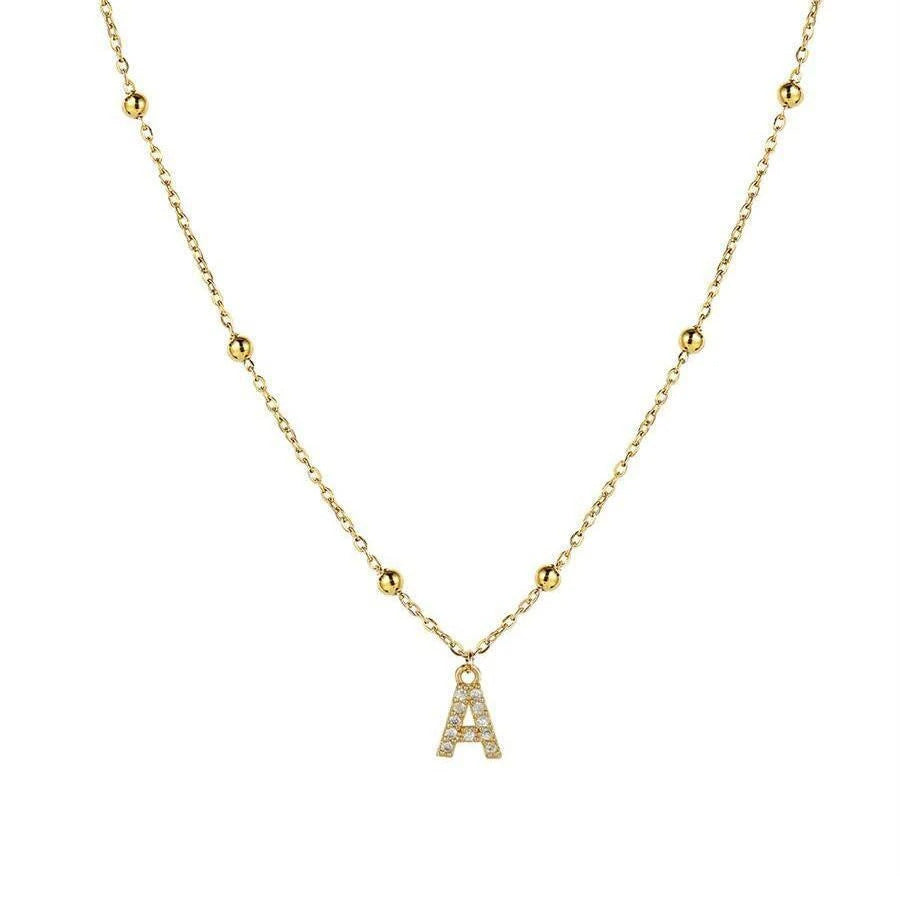 Fashion cross-border accessible luxury diamond-encrusted 26-letter necklace fashion copper micro-paved zircon pendant stainless steel ball necklace