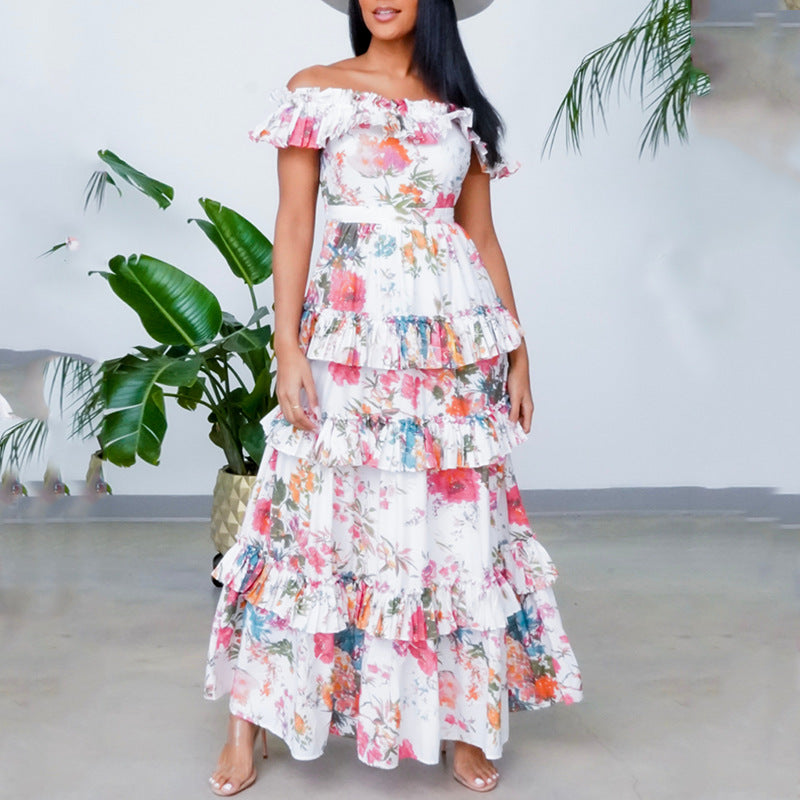 European and american 2025 summer new women's round neck long sleeve printed ruffle hem maxi dress - fashionable vacation style