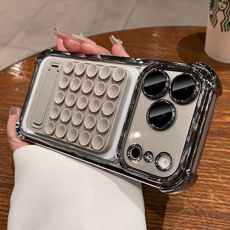 Suitable for iphone 17 pro max phone case, electroplated four-corner shockproof silicone suction cup kickstand case, also compatible with iphone 16