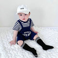 Infant and toddler summer super cute fashion onesie, unisex baby romper, stylish faux suspender short-sleeve jumpsuit for outdoor wear