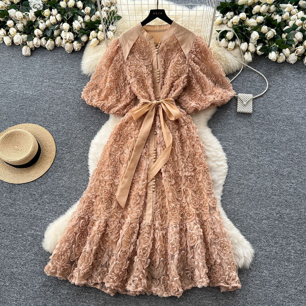 Palace style classy stereo flower lantern sleeve dress female french strap waist single breasted elegance long skirt