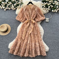 Palace style classy stereo flower lantern sleeve dress female french strap waist single breasted elegance long skirt