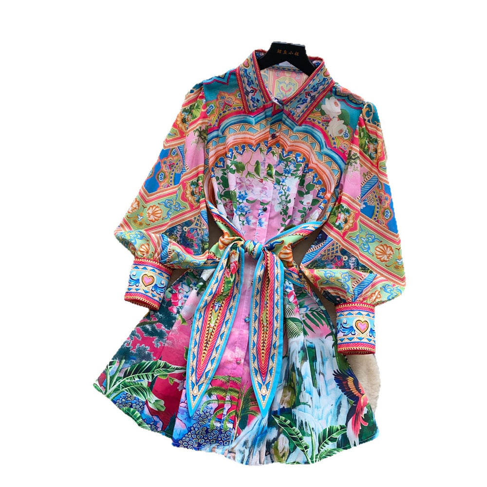 Bohemian print shirt collar tie-waist dress - women's summer korean style long sleeve a-line dress - vacation vibe