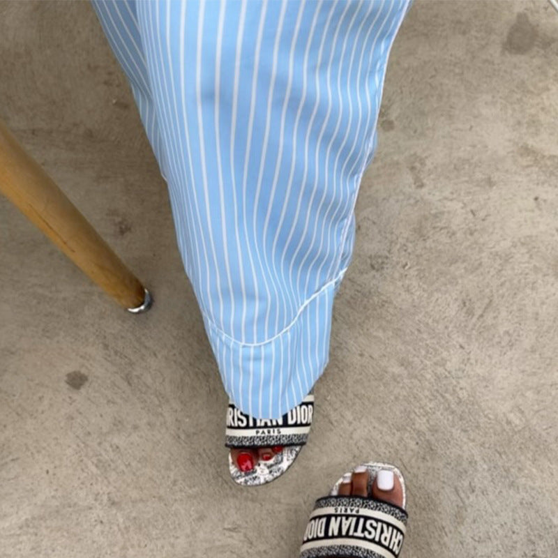 European and american cross-border african women's clothing  summer new arrival: lapel pocket loose striped shirt and wide-leg pants set