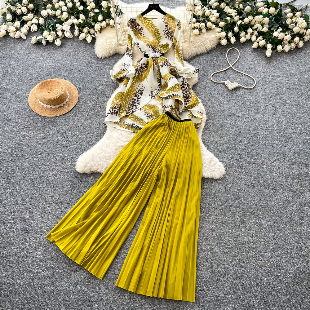Classyniche stylework clothing style three-quarter sleeve topshigh waistpleatedcasualloose pants women's autumslimming looktwo-piece set