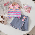 cross-border girls' fashion striped polo shirt top + irregular embroidered floral denim jeans two-piece set