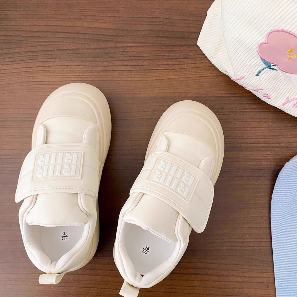 Creamy white chunky sole sneakers - women's adorable & chic autumn new arrivals - unique velcro closure, round toe, bread-shaped shoes, student canvas sneakers