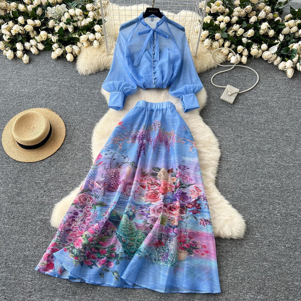 Fashionable and western style, light and mature style, bowstie back, lantern sleeves, printingshirt, women's high waist, large swing skirt, two-piece set