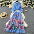 Fashionable and western style, light and mature style, bowstie back, lantern sleeves, printingshirt, women's high waist, large swing skirt, two-piece set