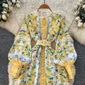 French court style lantern sleeve printed dress - women's summer korean slim fit a-line dress - figure flattering, waist defining, commute friendly