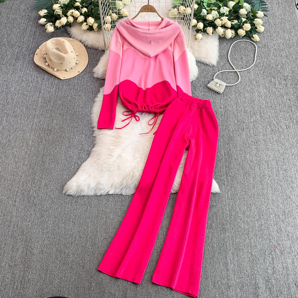Women's casual set: new design drawstring waist color block hooded long sleeve sweatshirt two-piece set with high-waisted wide leg pants