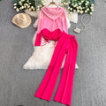 Women's casual set: new design drawstring waist color block hooded long sleeve sweatshirt two-piece set with high-waisted wide leg pants