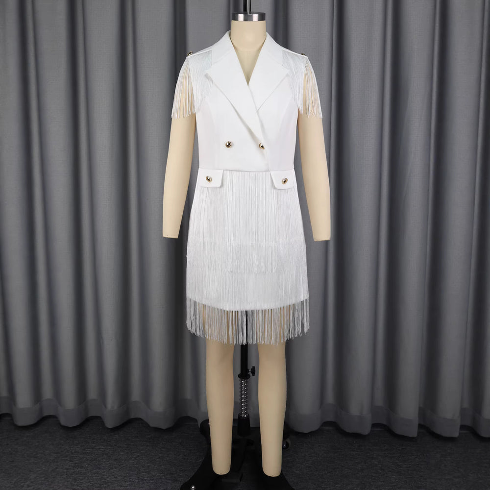 Export suit v neckshort party dress double breasted waist tassel hem work clothingdresses