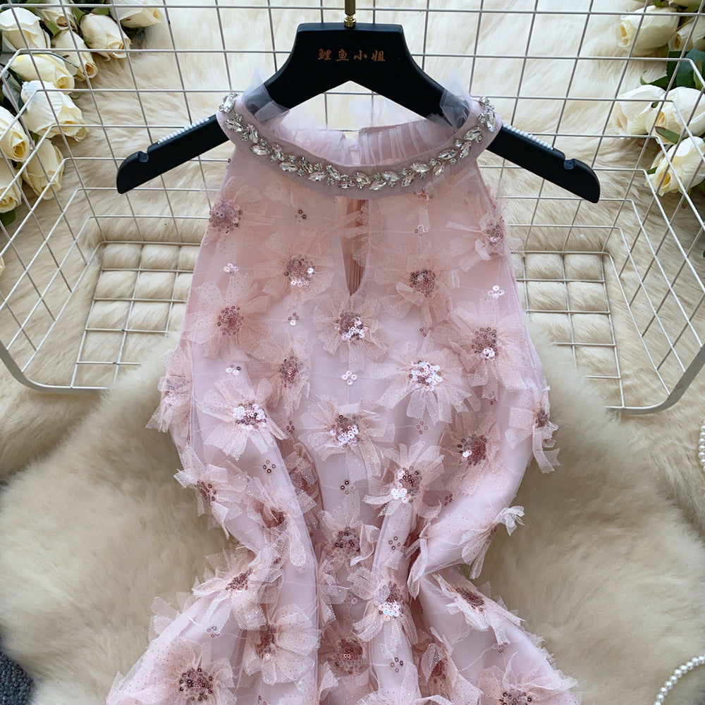 Korean style "chaebol daughter" inspired sequin dress - sleeveless halter neck, a-line, and cinched waist