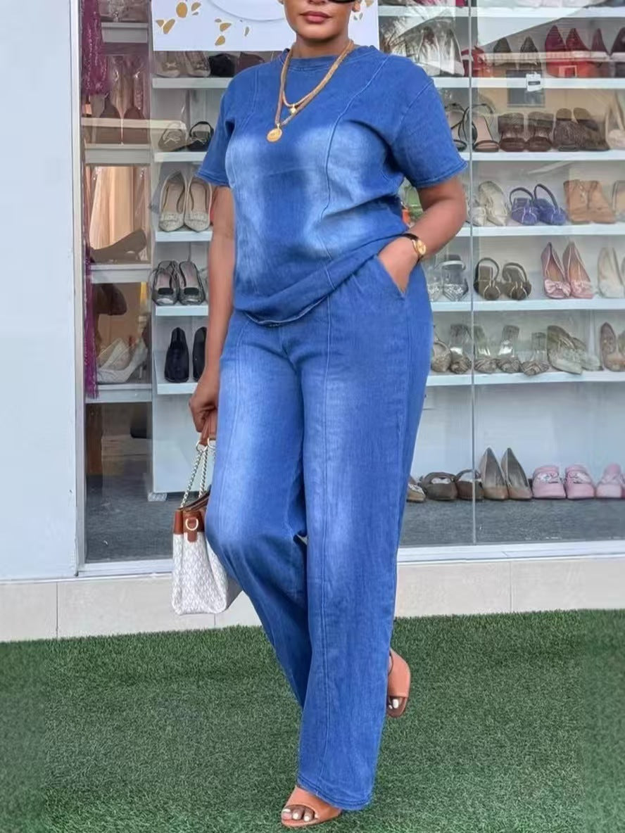 new european and american cross-border   fashionable washed blue loose-fit short sleeve denim two-piece set