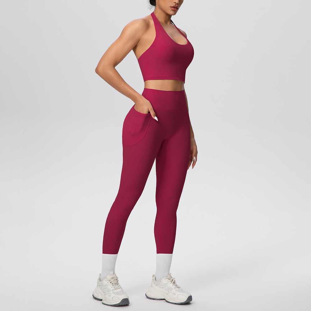 New halter neck backless high-waisted butt-lifting pocket pants activewear set - cloud-like comfort for casual outdoor running, fitness, and yoga