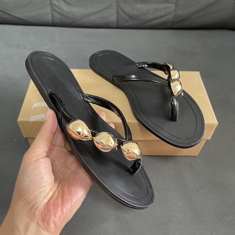 Spain 2024 summer new one-strap flip-flop women's sandals - black decorative embellished flat sandals