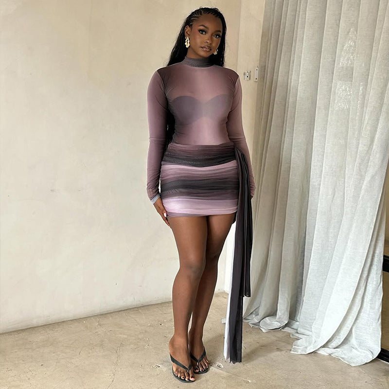 European and american style export fashion gradient women's micro-sheer slim-fit stand collar bodycon skirt color block long sleeve summer mini dress