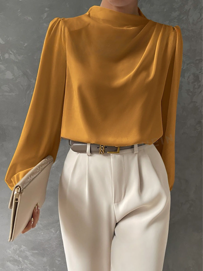 Solid color pleated women's blouse - elegant pullover satin top - new european and american style commuter long sleeve top
