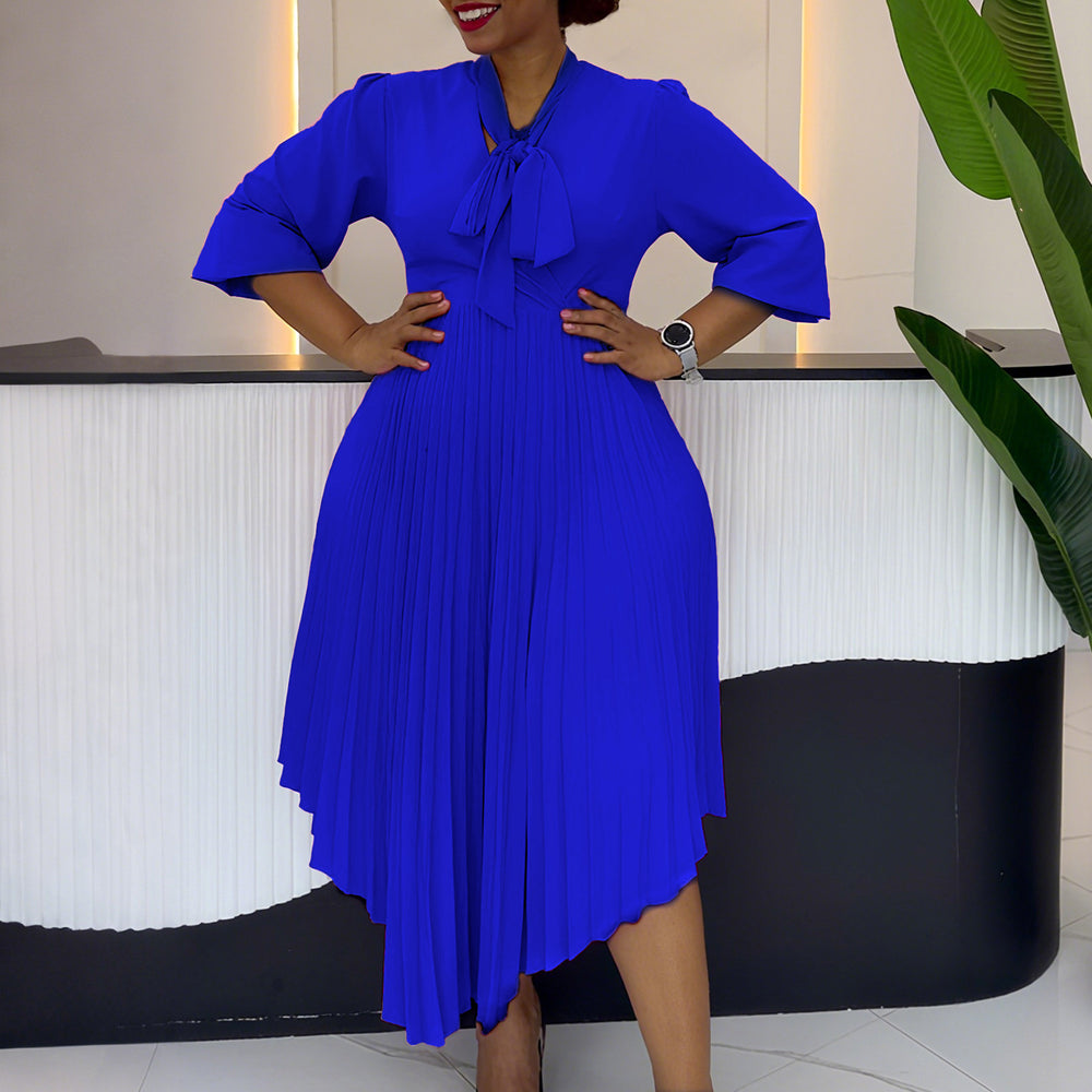 C8639  cross-border three-quarter sleeve tie backelegantelegancefashion asymmetrical skirt pleatedexportdress