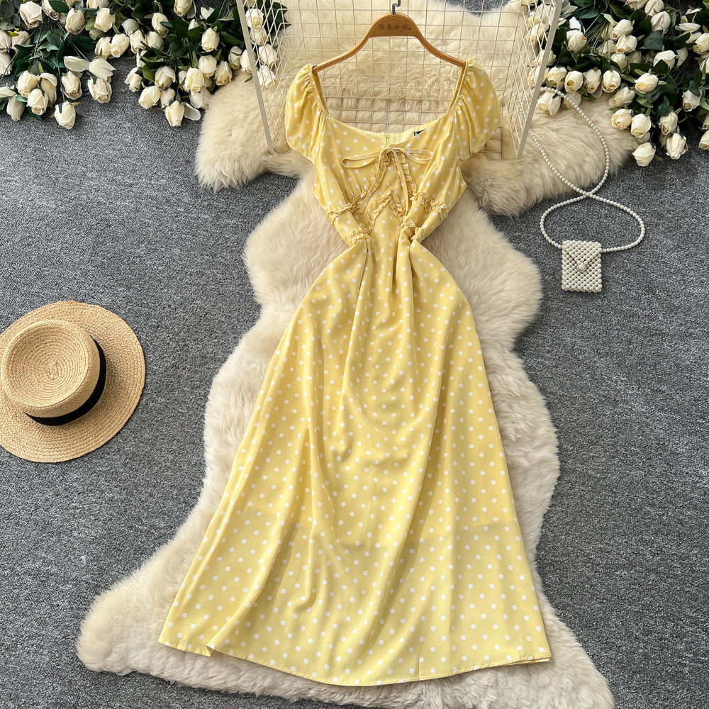 French sweet style square neck polka dot dress women's summer korean style sleeveless waist-defining elegant a-line red maxi dress