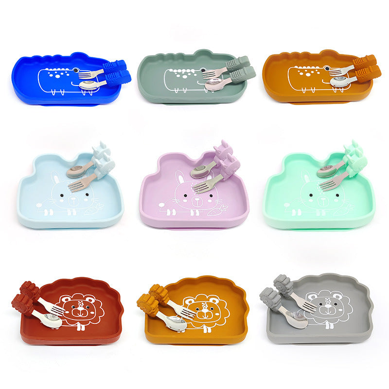 Children's Crocodile Elephant Silicone Plate Set Supplementary Food Grid Infant Learning to Eat Training with Suction Cup