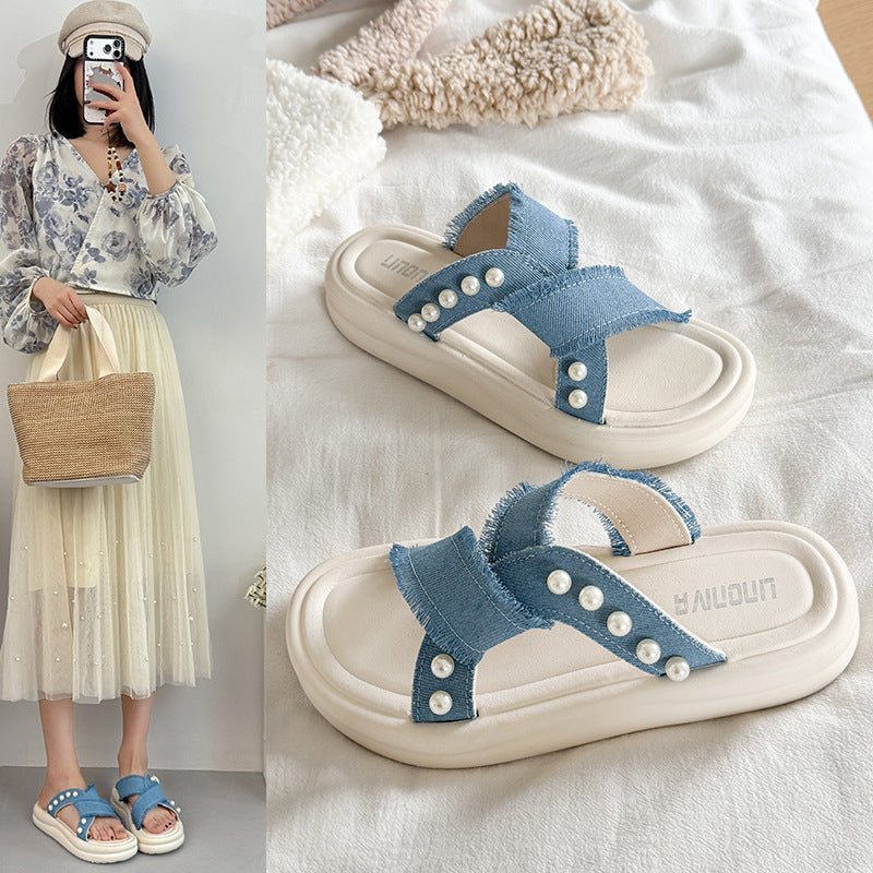 Thick sole denim pearl cross strap slippers women's summernew arrivalniche style design fashioneasiest for matchoutwear women's one-line slippers